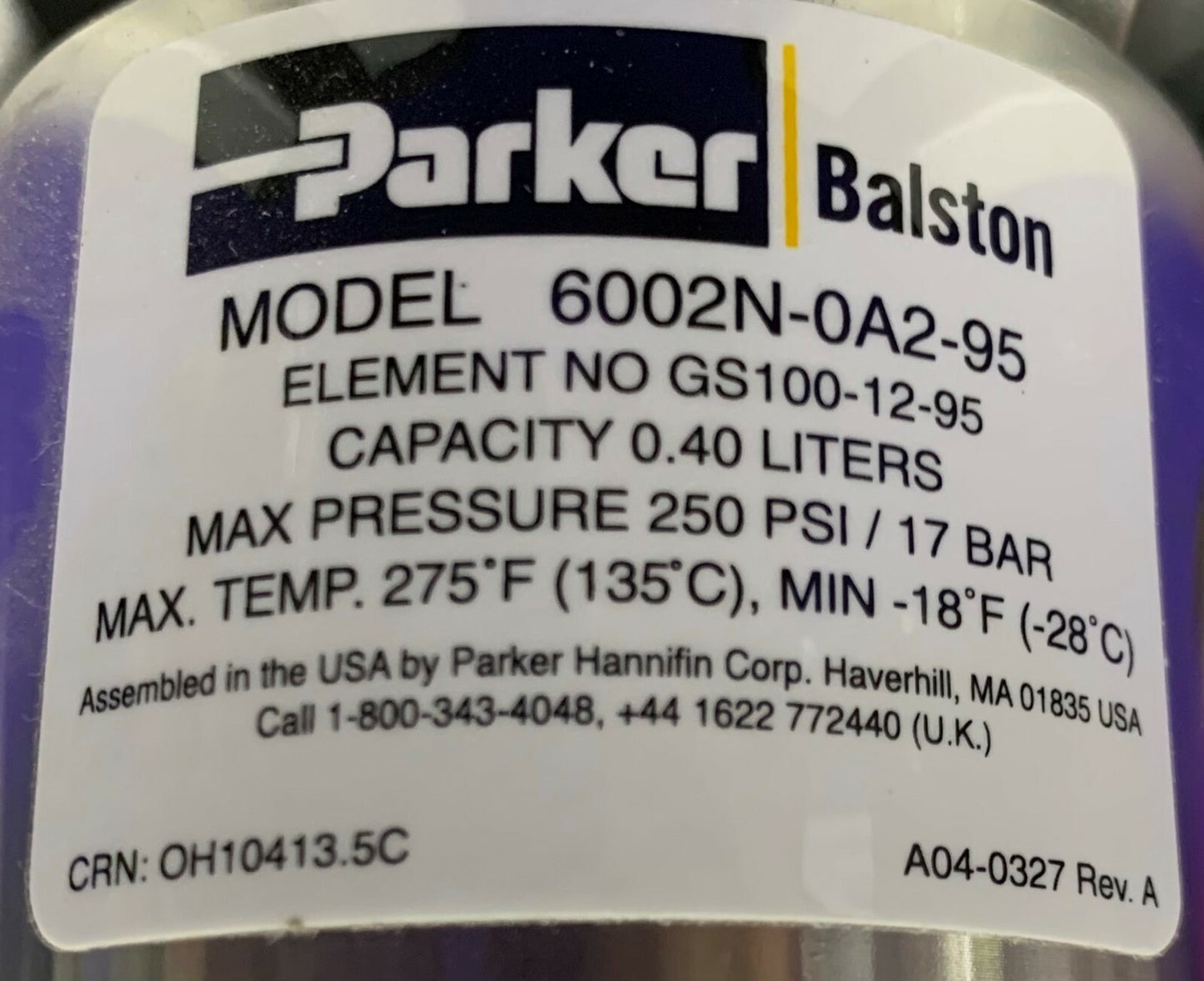 Filtro Parker Balston 6002N-0A2-95 con depurador Balston TRI-Carbon B03-0262 