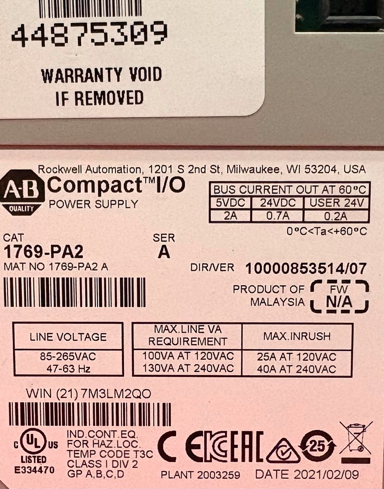 ALLEN BRADLEY 1769-ECL SERA,1769-PA2 SERA ,1769-OB16 SERB,QTY 2 - 1769-IQ16 SERA