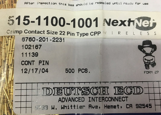 DEUTSCH ECD 6760-201-2231 CONTACTO DE CRIMPADO chapado en oro PIN 22 AWG 1 PAQUETE DE 500