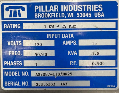 PILLAR CYCLE-DYNE MK-25 AB7087-118/MK25 120 Volt 15 AMPS PHASE 1 - PARTS/REPAIR