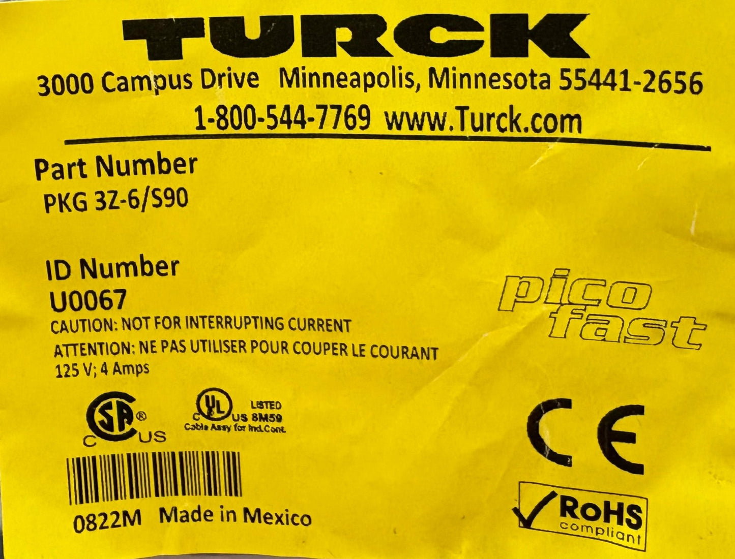 TURCK PKG 3Z-6/S90 CABLE CONNECTION CORDSET ID# U0067