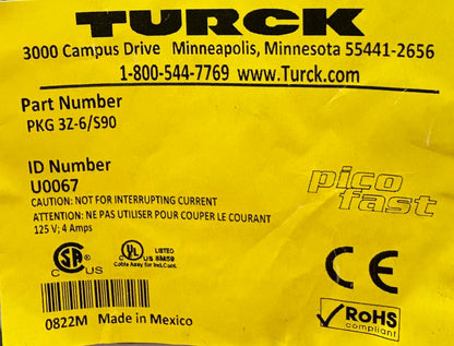 TURCK PKG 3Z-6/S90 CABLE CONNECTION CORDSET ID# U0067