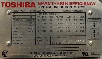 BUSCH RA0025.E506.1001 ROTARY VANE VACUUM PUMP W/ TOSHIBA MOTOR - PARTS REPAIR