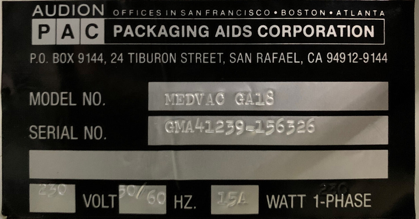 PAC PACKAGING AIDS MEDVAC GA18 MEDICAL BAG VACUUM IMPULSE SEALER 230V