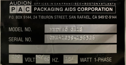 PAC PACKAGING AIDS MEDVAC GA18 MEDICAL BAG VACUUM IMPULSE SEALER 230V