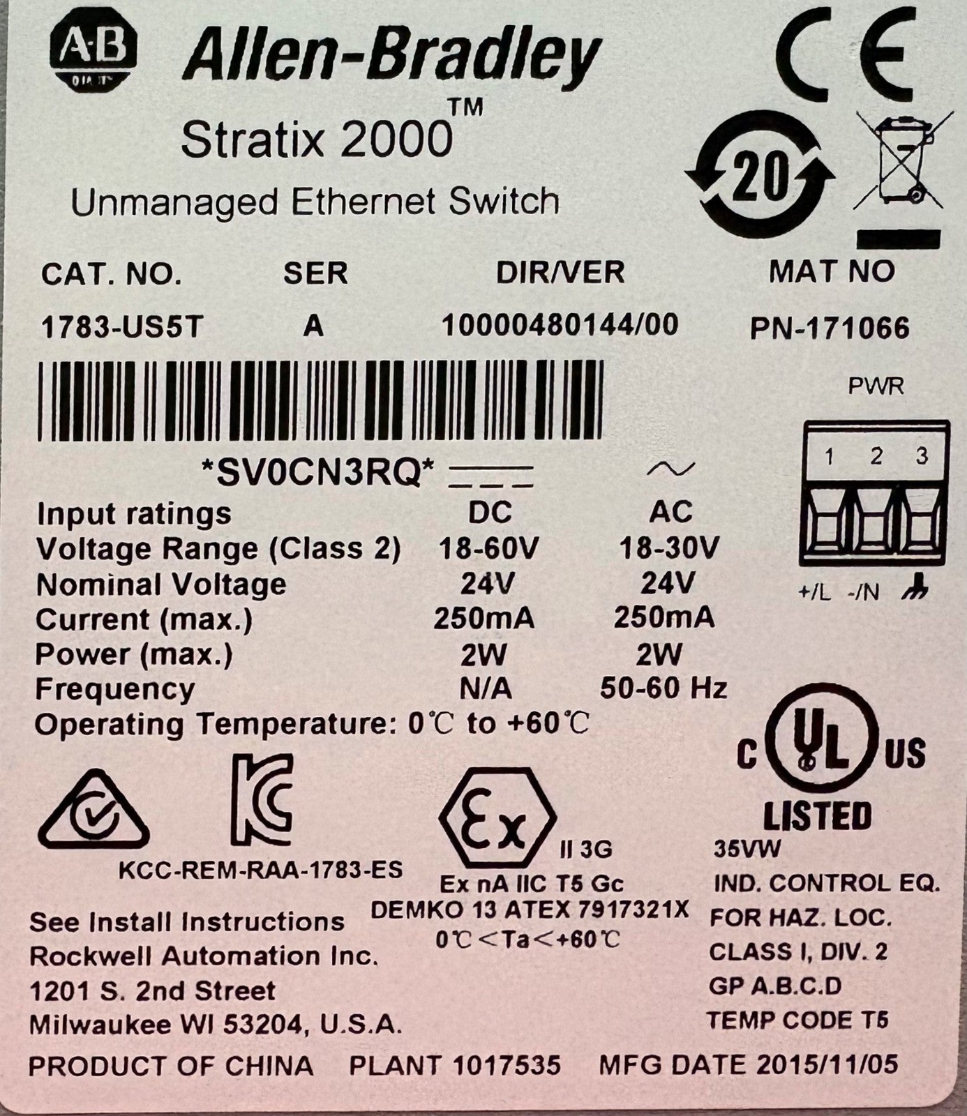 Allen Bradley AB STRATIX 2000 ™ 1783-US5T SER-A UNMANAGED ETHERNET SWITCH 171066