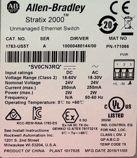 Allen Bradley AB STRATIX 2000 ™ 1783-US5T SER-A UNMANAGED ETHERNET SWITCH 171066