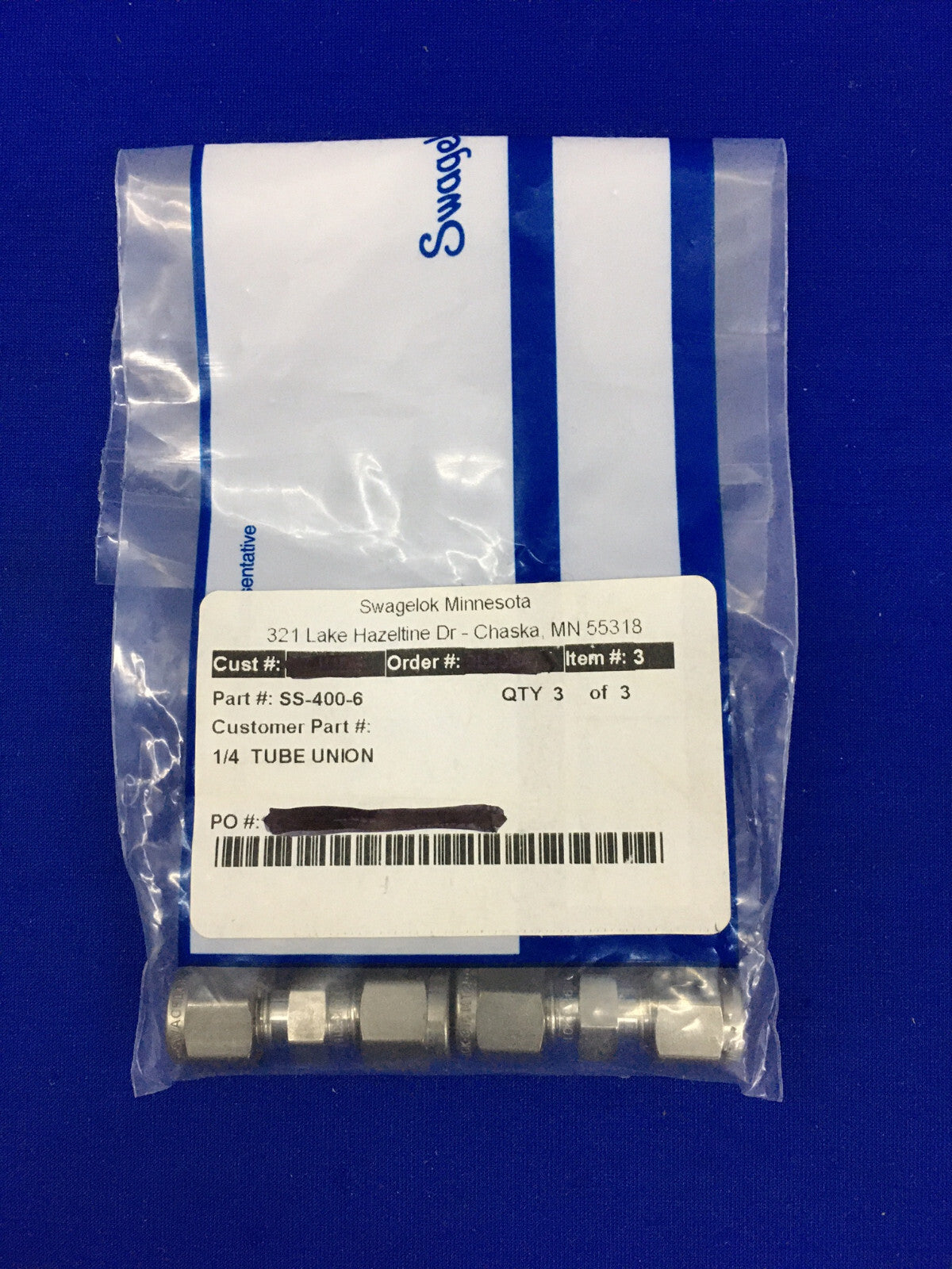 1 VERPAKKING AANTAL 0F 3 SWAGELOK SS-400-6 / SS4006 1/4" BUISFITTING KOPPELING