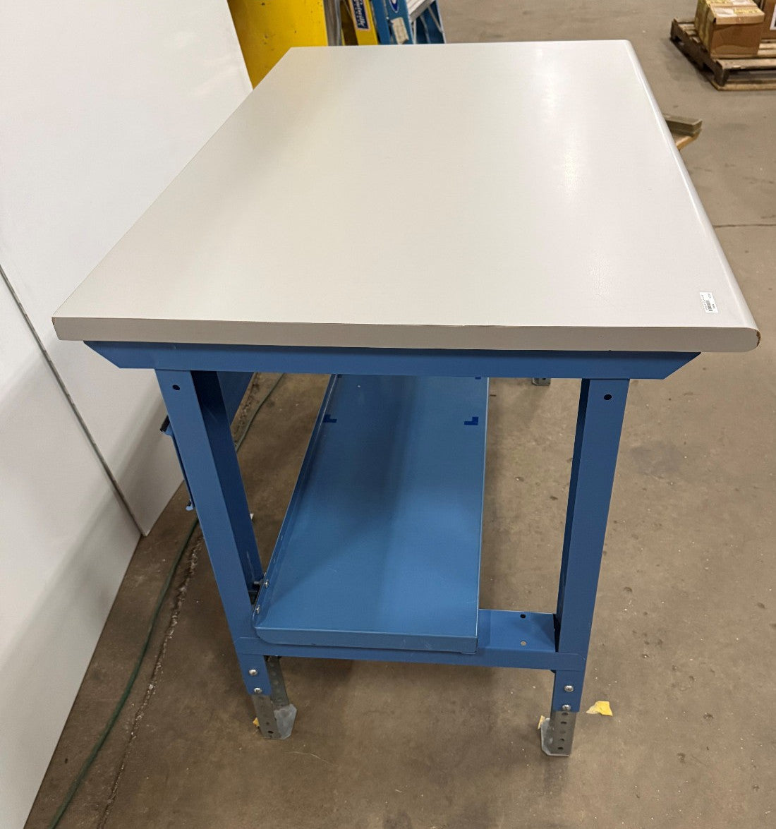 48" W X 30" D X 34" TALL TABLE / WORKBENCH WHITE TABLE TOP WITH BLUE LEGS SHELF