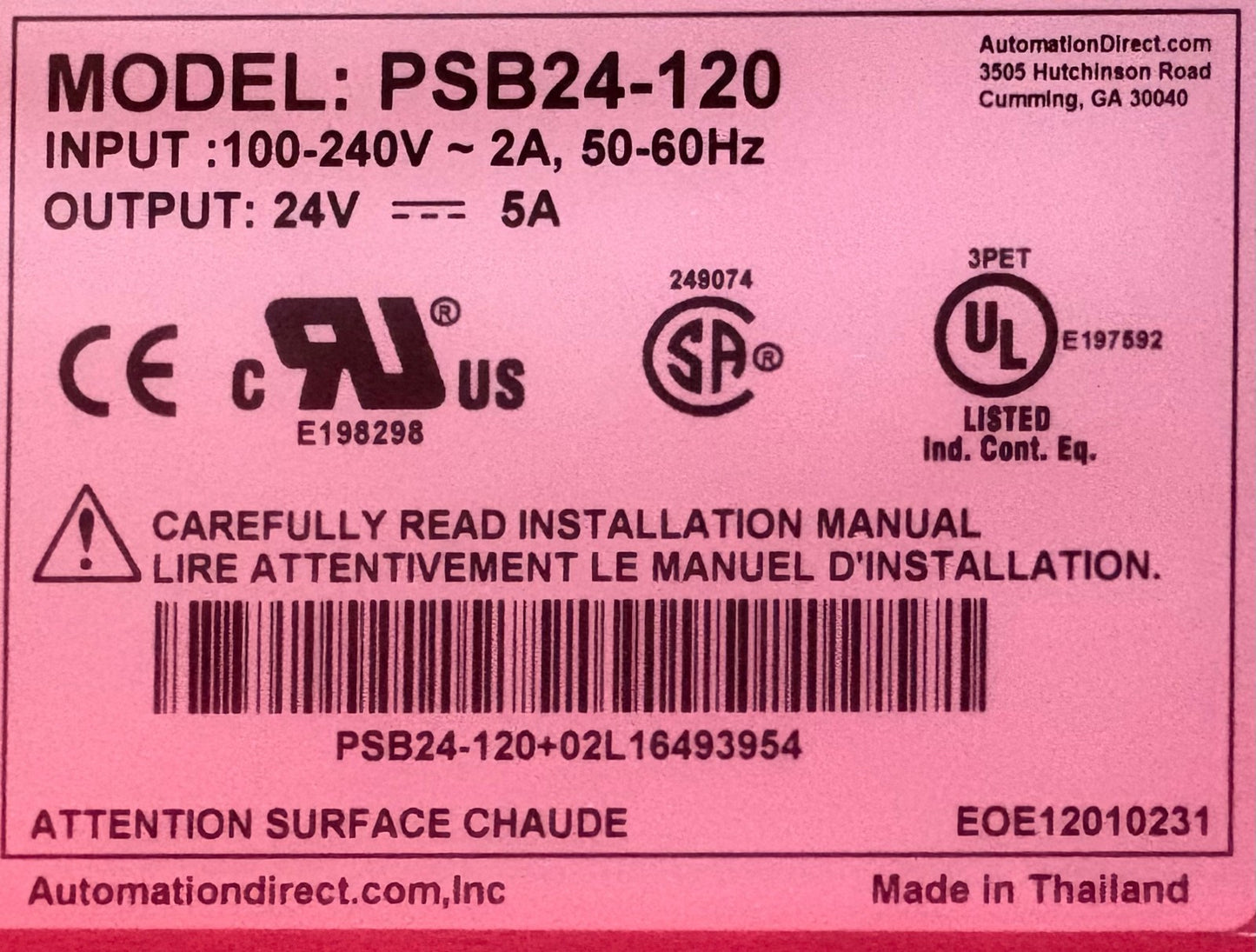 RHINO POWER SUPPLY PSB24-120 24VDC 5A