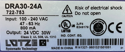 FUENTE DE ALIMENTACIÓN LUTZE / Luetze DRA30-24A / 722-753 24VDC 30W - 1 LOTE CANTIDAD DE 2