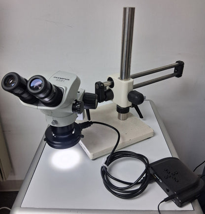 OLYMPUS SZ61 6.7 - 45X STEREO MICROSCOPE WITH BOOM STAND AND LED RING LIGHT