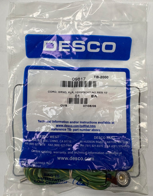 DESCO 09817 ESD GROUNDING CORD GRND FLR 10mmSCKT NO RES 10'  FEMALE SNAP