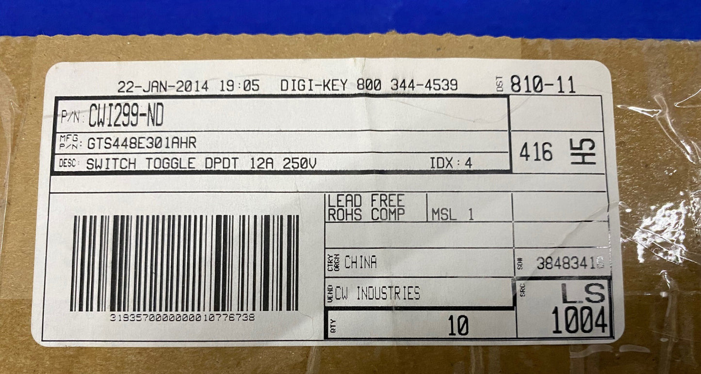 CW INDUSTRIES GTS448E301AHR / DIGI-KEY CWI299-ND SWITCH TOGGLE - 1 PKG QTY OF 10