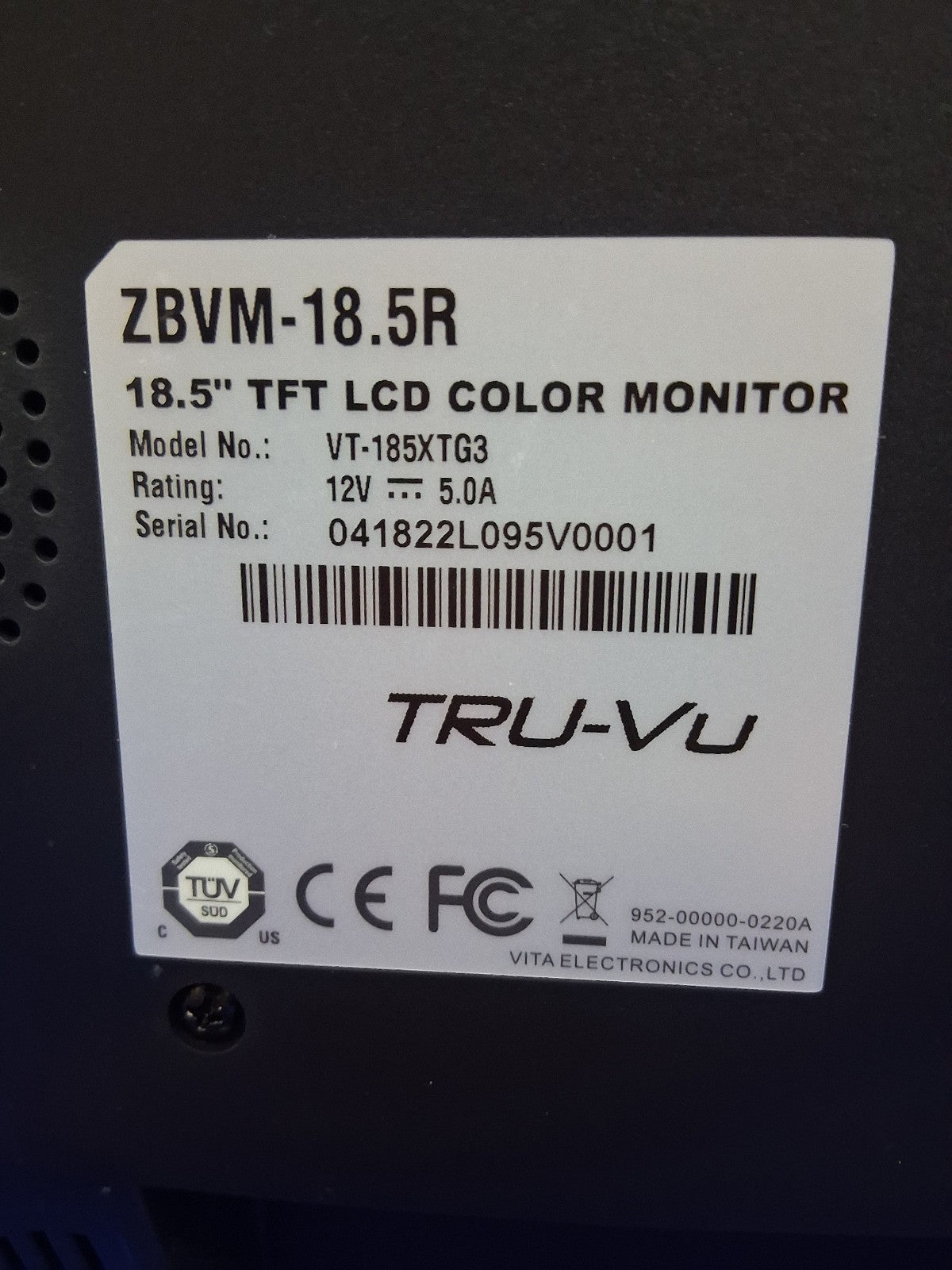 TRU-VU ZBVM-18.5R VT-185XTGA 18.5" TFT LCD COLOR MONITOR NEW OPEN BOX