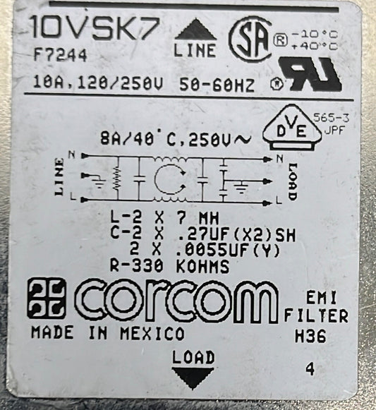 CORCOM EMI FILTER 10VSK7 / F7244 10A 120/250V 50-60HZ