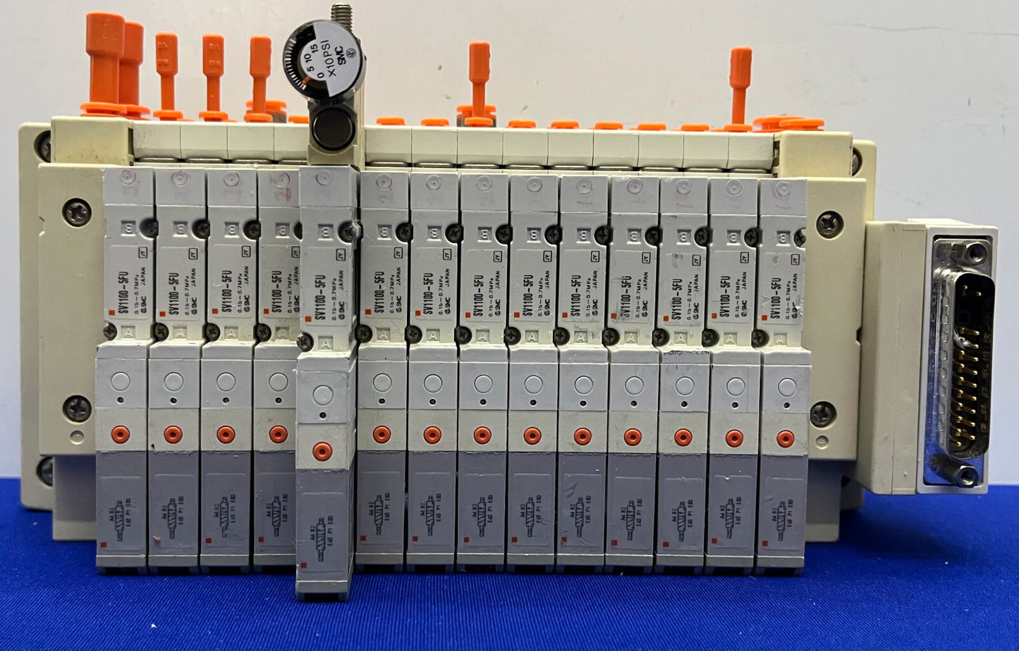 SMC SS5V1-1010983-03-1 MANIFOLD w/ 14 QTY SV1100-5FU PNEUMATIC ASSEMBLY BLOCK
