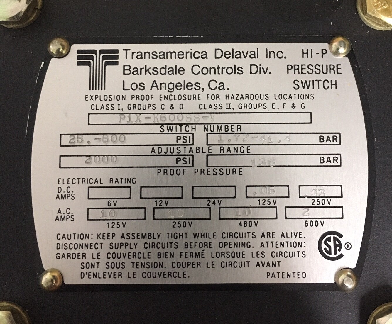 TRANSAMERICA DELAVAL BARKSDALE CONTROLS P1X-K600SS-V PRESSOSTAT