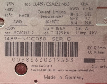 AB 1489-M1C030 SINGLE POLE CIRCUIT BREAKER -2 EATON  Z-SVUL-16/1P-1TE/6 -  QTY 2