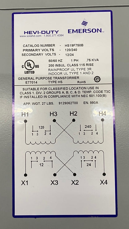 EMERSON HS19F750B HEVI-DUTY GENERAL PURPOSE TRANSFORMER LVGP