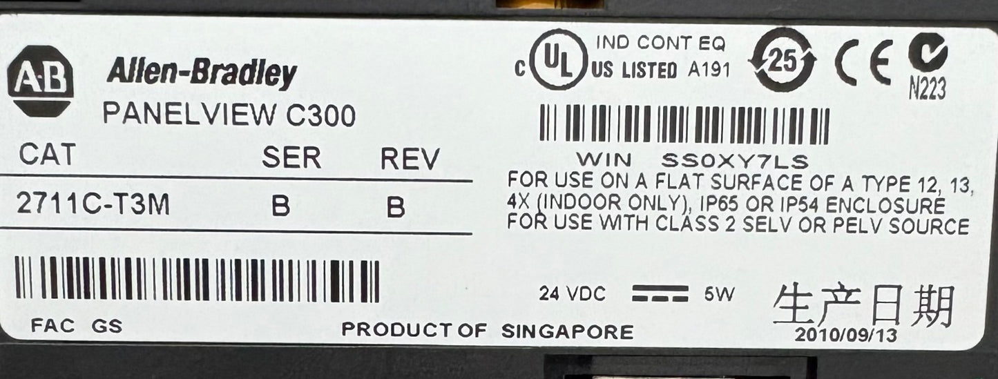 Allen Bradley AB PANELVIEW C300 CAT: 2711C-T3M SER. B REV B SS0ZY7LS 24VDC