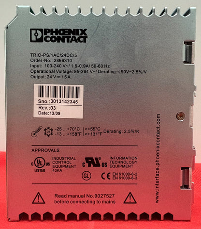 PHOENIX CONTACT TRIO POWER SUPPLY TRIO-PS/1AC/24DC/5 ORDER NO. 2866310