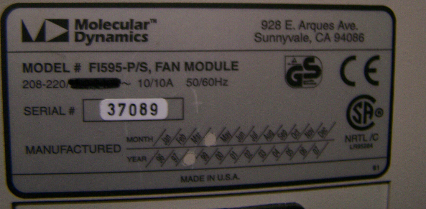 MODULO VENTOLA P/S MOLECULAR DYNAMICS F1595 208-220 VAC 10/10 AMP 50/60 HZ