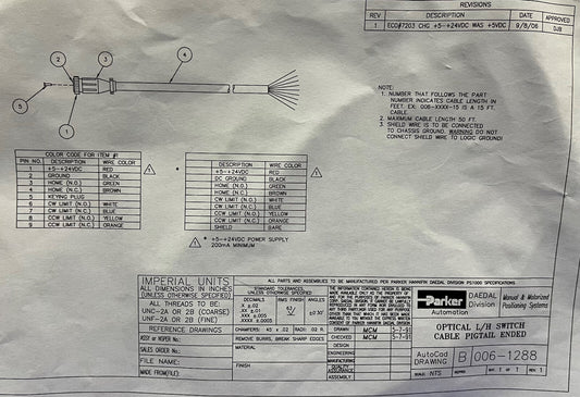 PARKER 006-1288-10 OPTISCHE L/H SCHAKELAAR PIGTAIL EINDKABEL - 1 LOT HOEVEELHEID 2