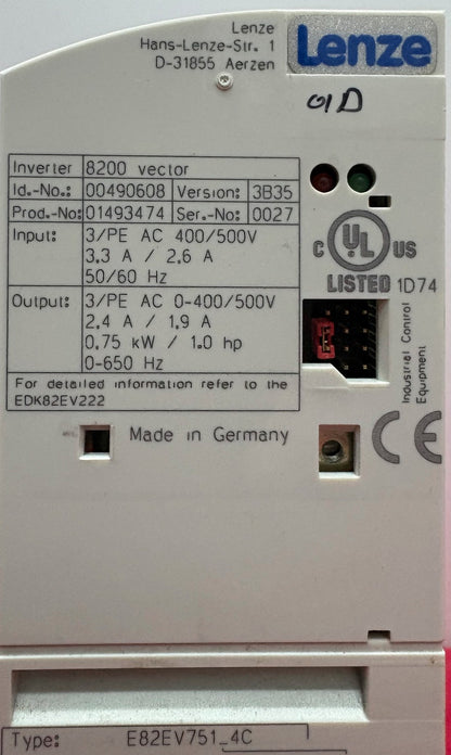 LENZE E82EV751_4C VECOR 8200 CONTROLLED FREQUENCY DRIVE INVERTER - 1 LOT QTY 2