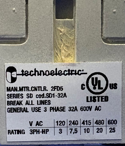 TECHNOELECTRIC SD1-032-RR / SD1 32A   3 PHASE HP 32A 600VAC DISCONNECT SWITCH