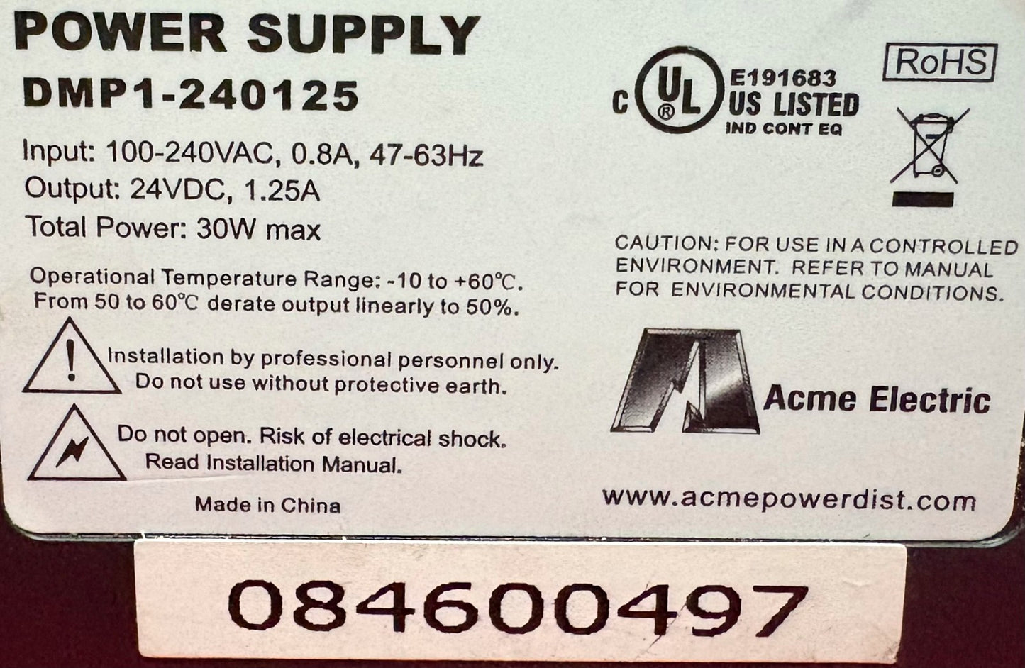 ACME ELECTRIC POWER SUPPLY DMP1-240125 100-240VAC 0.8A