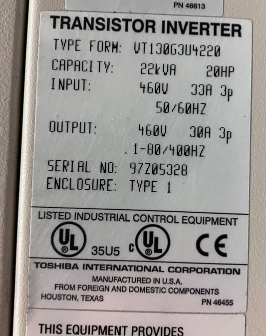 TOSHIBA VT130G3U4220 TOSVERT-130 G3 TRANSISTOROMVORMER 