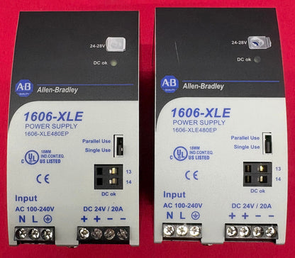 LOT OF 2 AB ALLEN BRADLEY 1606-XLE480EP SER A POWER SUPPLY 1-PHASE 24V 20A 480W