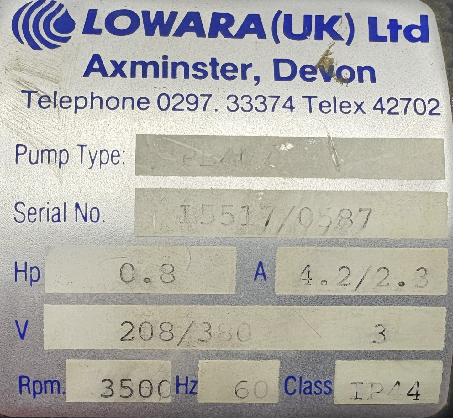 LOWARA PB40 PERIPHERAL PUMP CLASS IP44 208/380V 3 PH HP 0.8 RPM 3500 / FOR PARTS