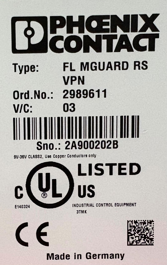 PHOENIX CONTACT FL MGUARD RSVVPN ORD.NO 2989611 ROUTER 2 PORT V/C 03