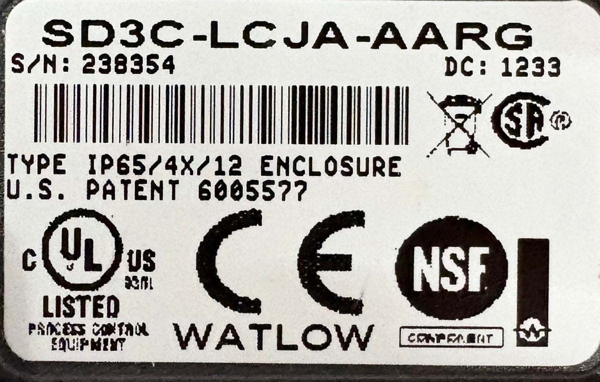 WATLOW TEMPERATURE CONTROL LOW VOLTAGE SD3C-LCJA-AARG IP65/4X/12 SN 238354.  DC