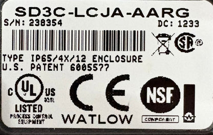 WATLOW TEMPERATURE CONTROL LOW VOLTAGE SD3C-LCJA-AARG IP65/4X/12 SN 238354.  DC