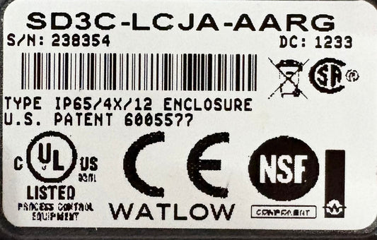 WATLOW TEMPERATURE CONTROL LOW VOLTAGE SD3C-LCJA-AARG IP65/4X/12 SN 238354.  DC