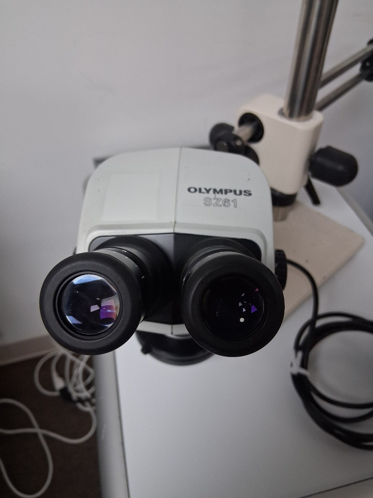 OLYMPUS SZ61 6.7 - 45X STEREO MICROSCOPE WITH BOOM STAND AND LED RING LIGHT