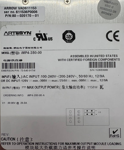 EMERSON ARTESYN iMP4-3S0-00 1158W POWER SUPPLY AC/DC CONVERTER - PARTS/REPAIR