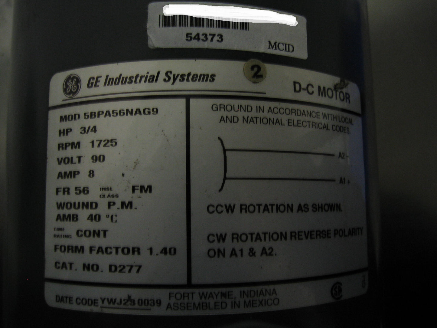 GE INDUSTRIAL SYSTEMS DC MOTOR 5BPA56NAG9 CAT # D277 3/4 HP - FOR PARTS/REPAIR