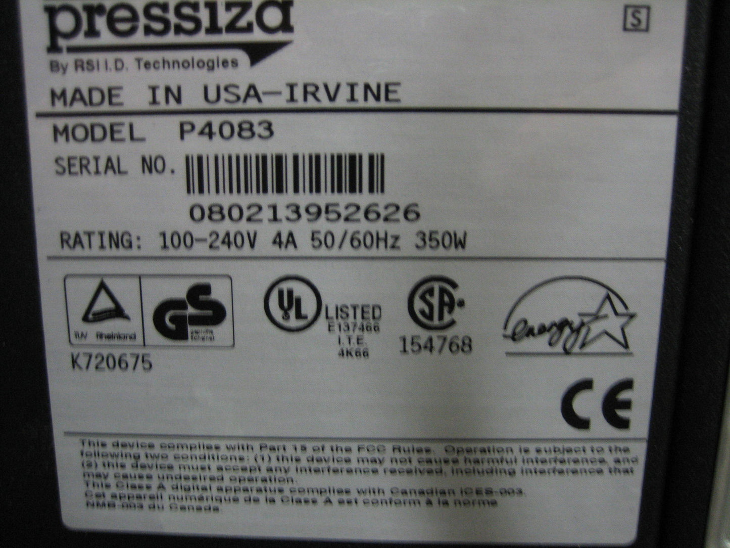 PRESSIZA  P4083 THERMAL LABEL MAKER TESTED TO POWER ON OK