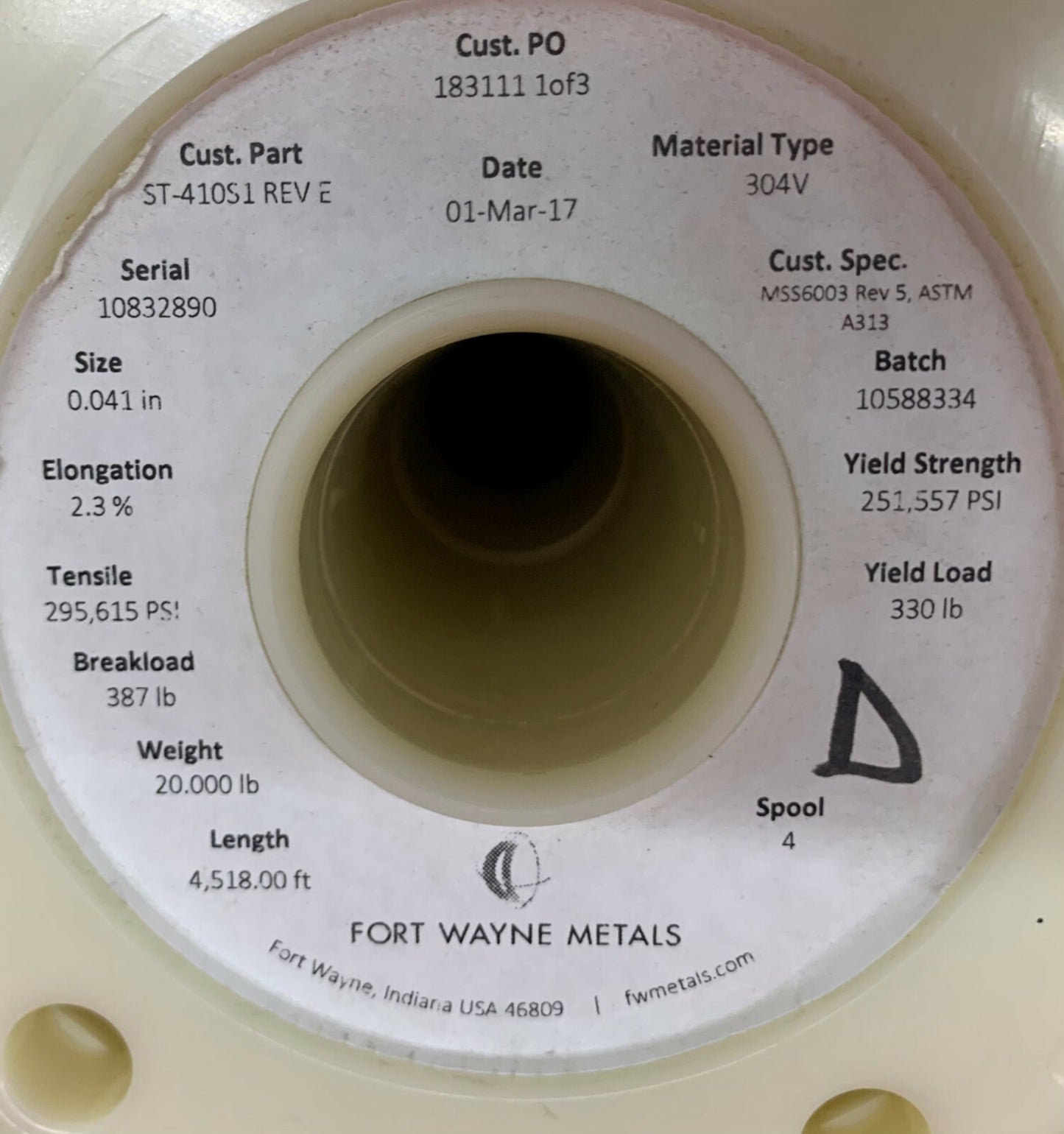 Fort Wayne Metals 304V Stainless Steel Size 0.041” ST-410S1 Net Weight 20lbs