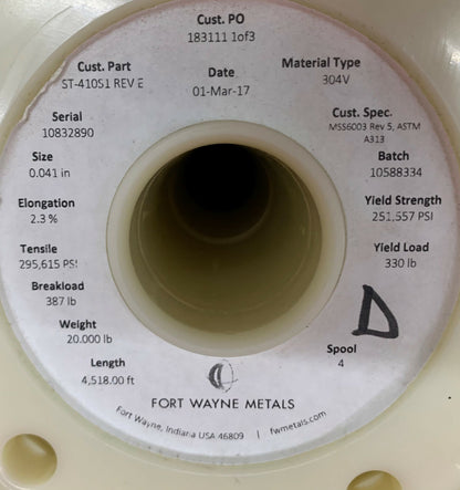 Fort Wayne Metals 304V Stainless Steel Size 0.041” ST-410S1 Net Weight 20lbs