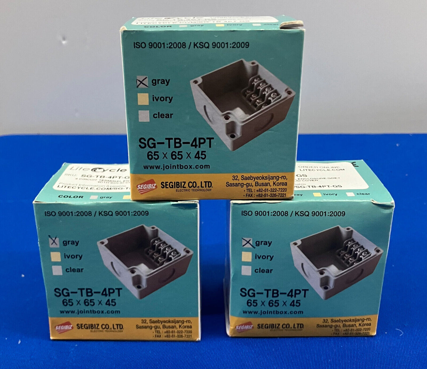 4 CIRCUIT TERMINAL ENCLOSURE GREY WITH SOLID COVER, SG-TB-4PT-GS, LOT OF 3