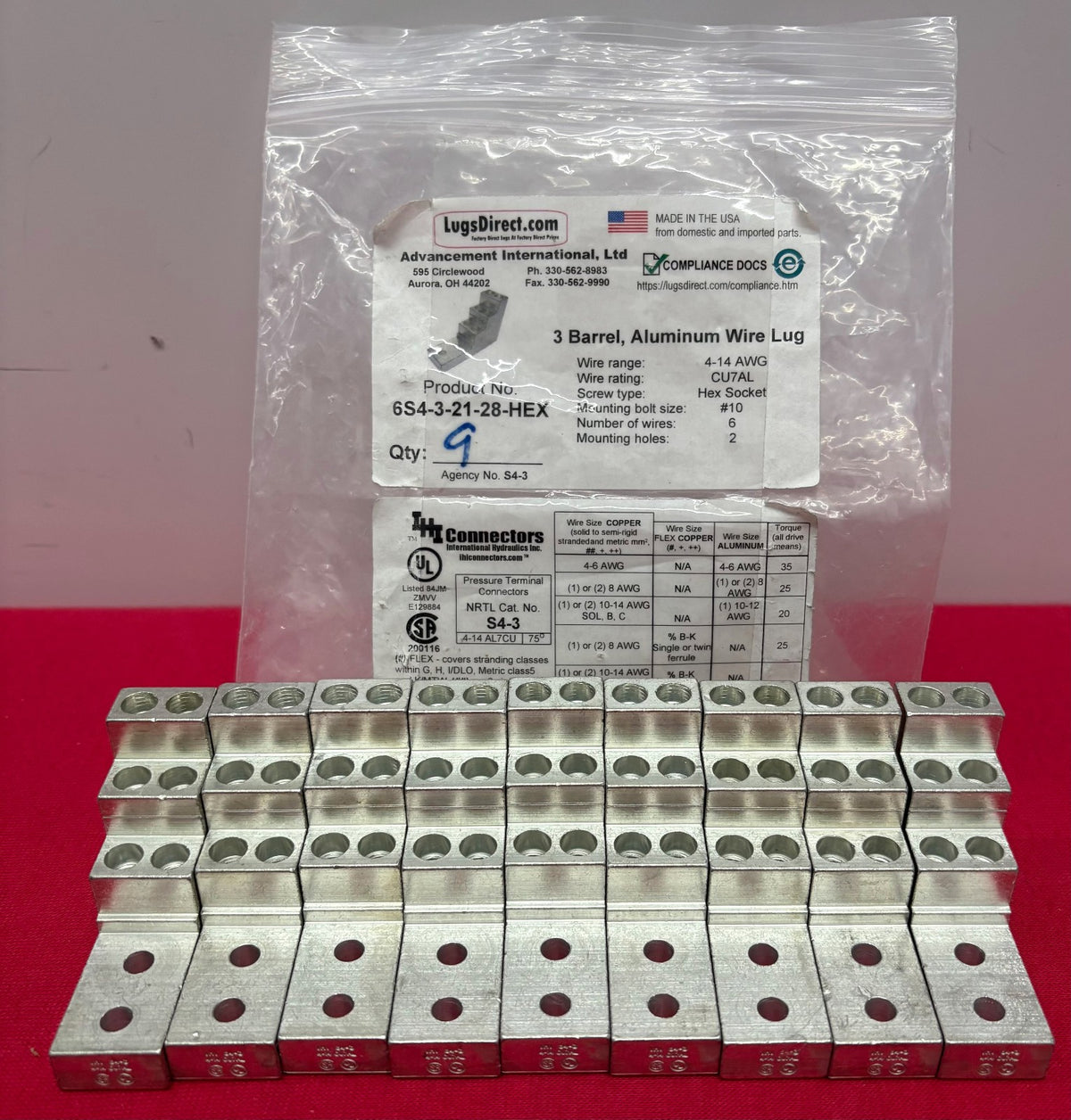 ADVANCEMENT INT'L LUGNUT 6S4-3-21-28-HEX 4 AWG TRIPLE WIRE LUG - 1 PKG QTY 9