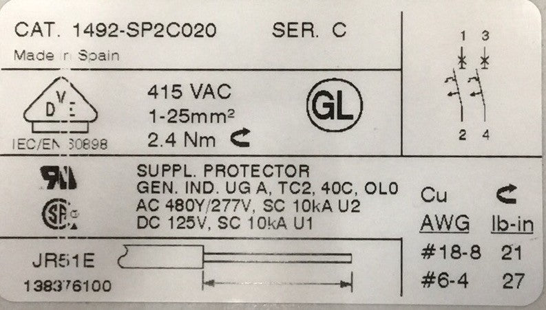 CANTIDAD 2 - DISYUNTOR SERIE C 1492-SP / 1492-SP2C020 DE ALLEN-BRADLEY AB