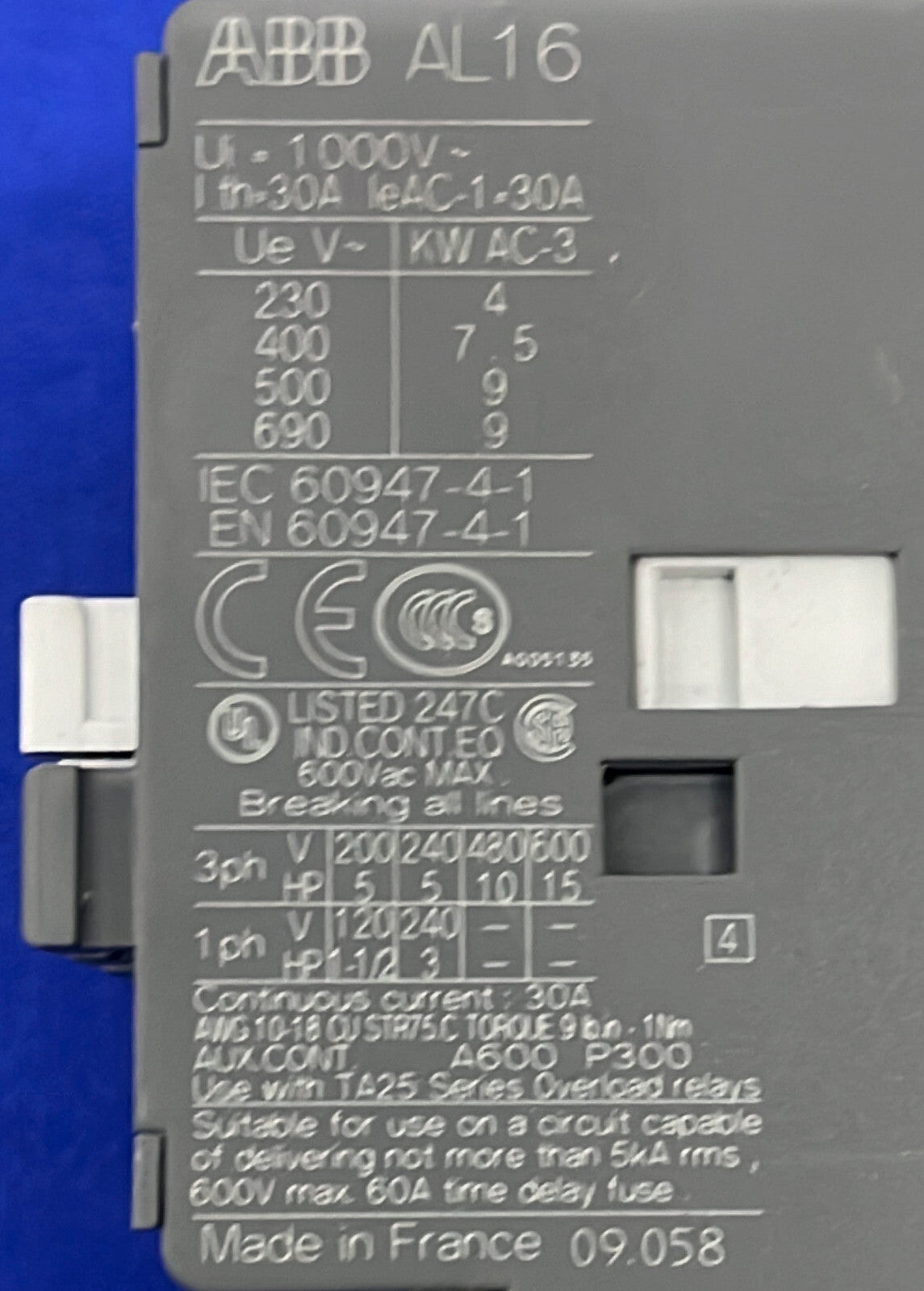 Relais de contrôle de surcharge thermique ABB AL16 AL16-30-10 et E16DU 