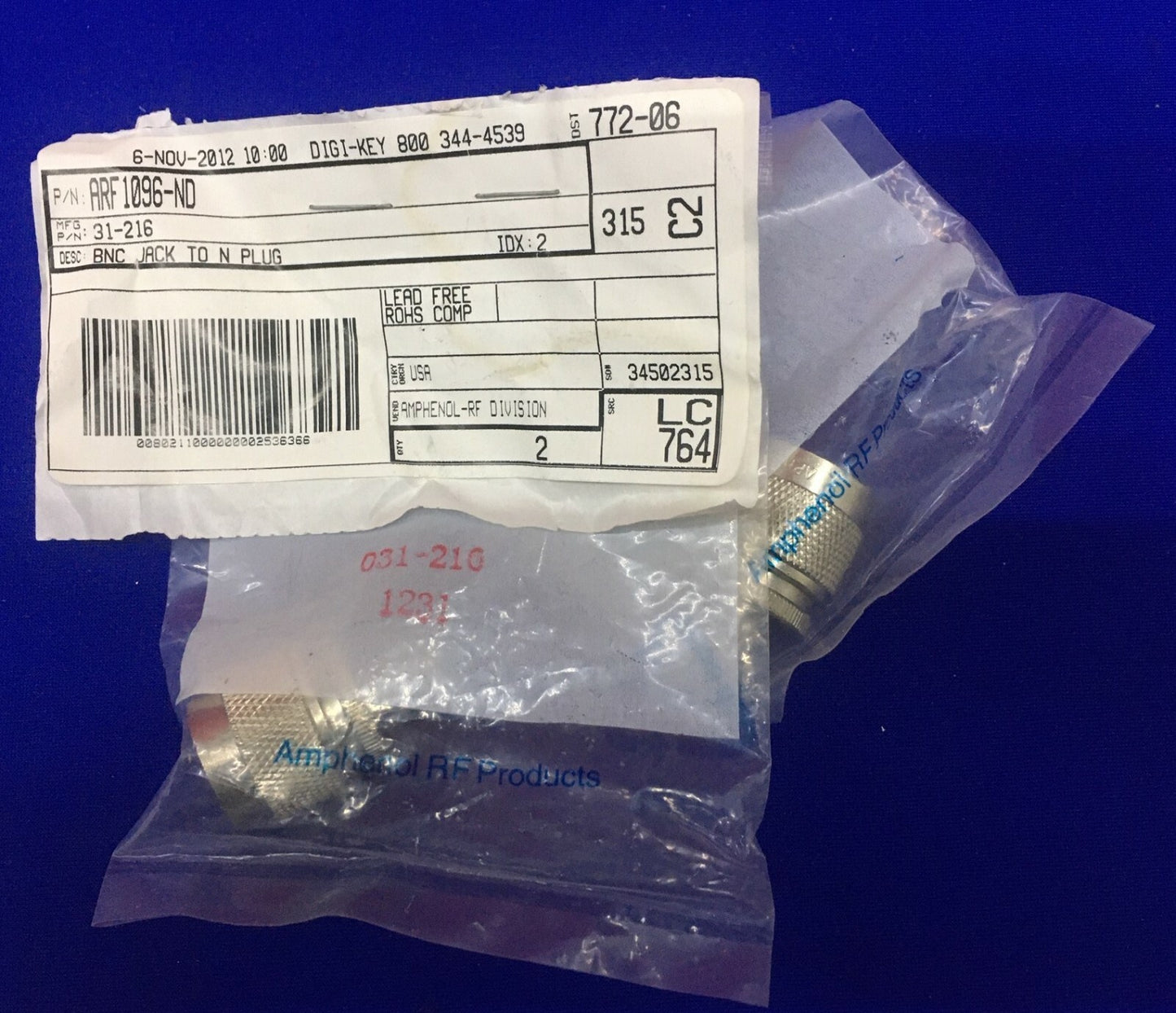 Menge 2 – Digi-Key ARF-1096-ND/31–216, BNC-Buchse auf N-Stecker