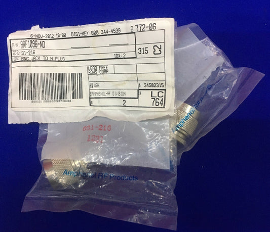 QTY 2 - DIGI-KEY ARF-1096-ND / 31-216,BNC JACK TO N PLUG